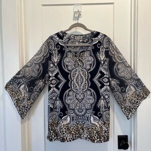 JM Collection EUC Black Paisley / Leopard Print Blouse 3/4 sleeves Size L